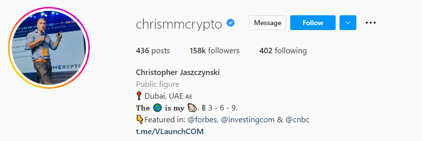 Christopher Jaszczynski Influenciador de criptomonedas en Instagram