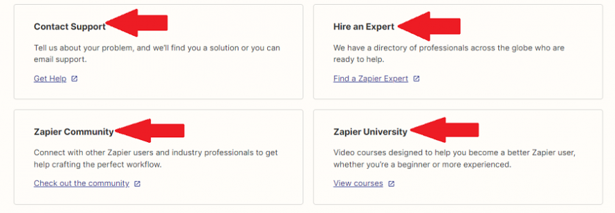خيارات دعم zapier