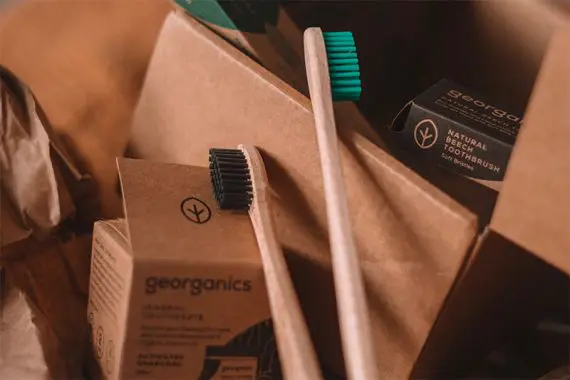 قم بتصوير فرشتين أسنان مع مواد تنظيف الأسنان الأخرى Photo a two tooth brushes with other tooth cleaning supplies