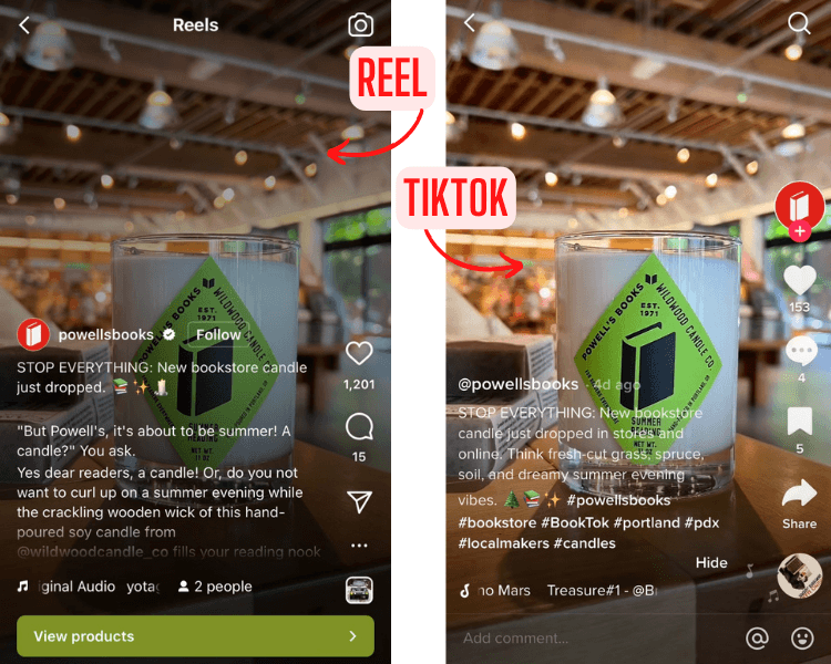 リールとtiktokのキャプションを並べて比較