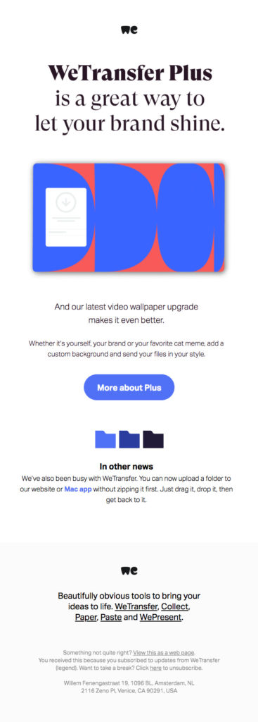 لقطة شاشة من WeTransfer Upsell Email