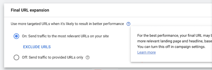 google ads performance max - URL 擴展默認為開啟