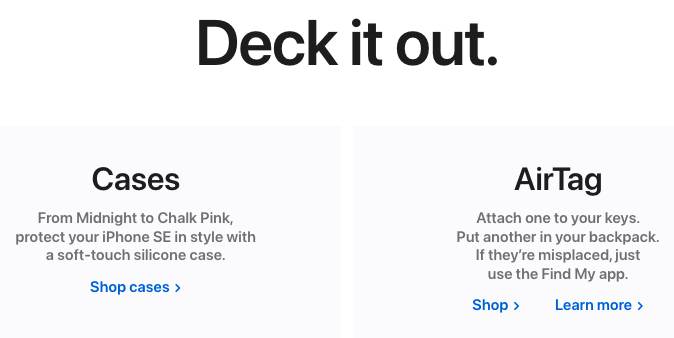 Links para capas da Apple e AirTags na página do produto do telefone