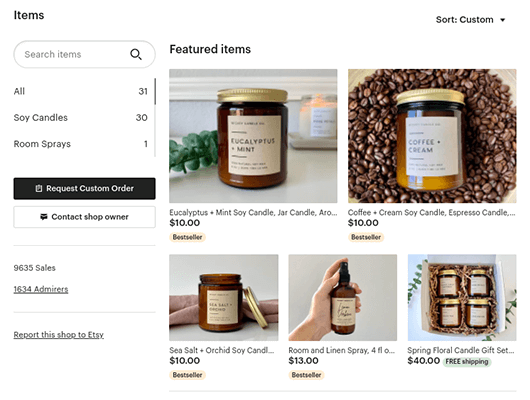 sections de la boutique etsy