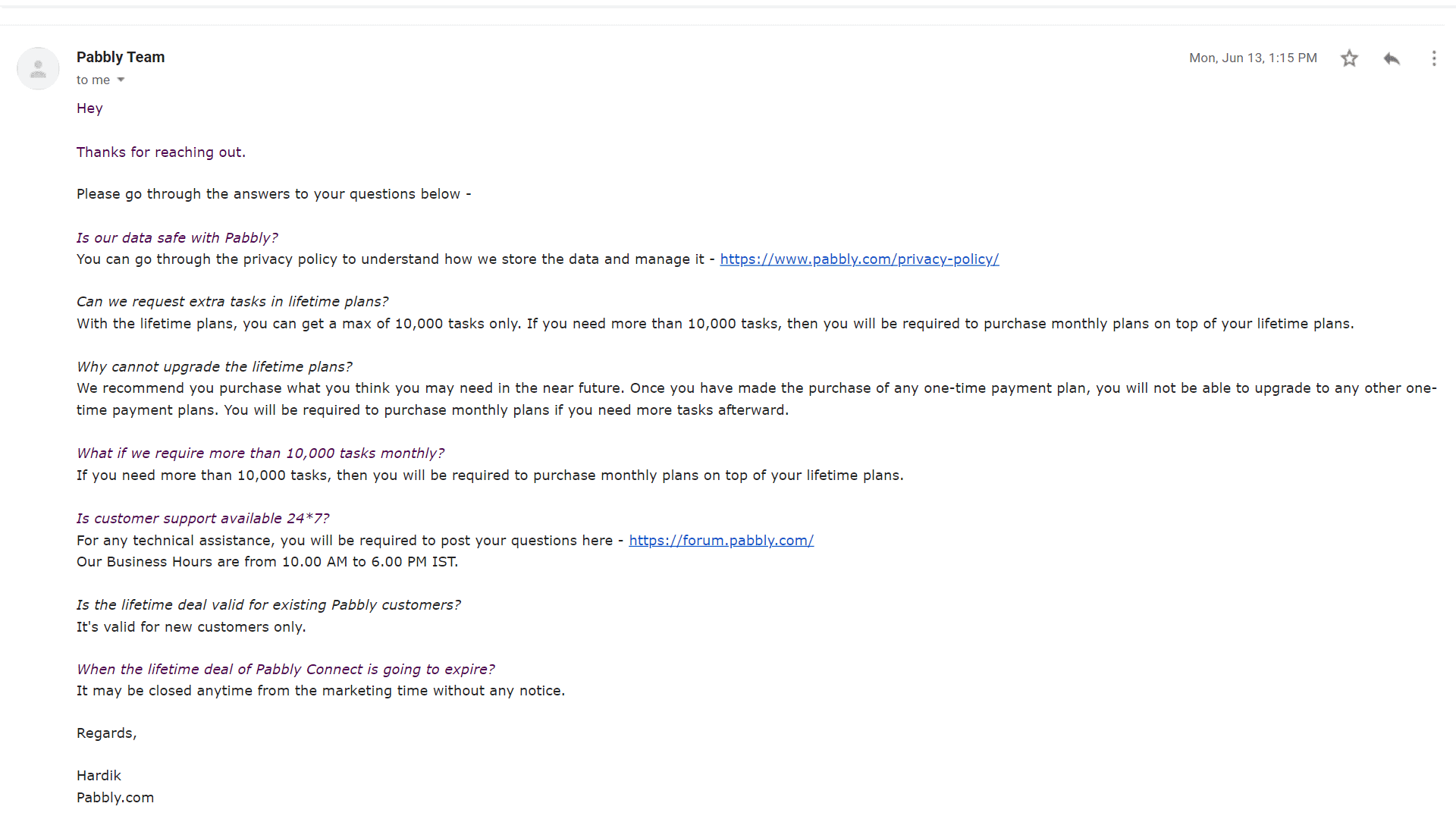 لقطة شاشة للتحويل الذي أجريناه مع فريق pabbly