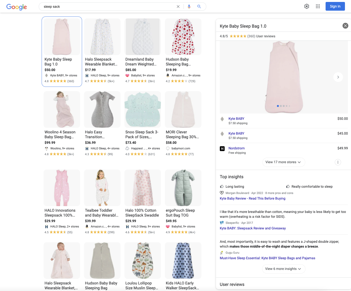 Beispiel aus dem visuellen Raster für Google-Transaktionsabfragen