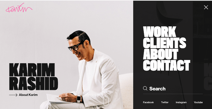 投资组合网站示例 - karim rashid 侧边栏菜单