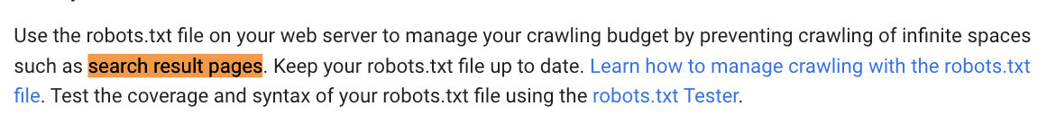 Robots.txt pentru paginile cu rezultatele căutării_captură de ecran a regulilor Google pentru webmasteri