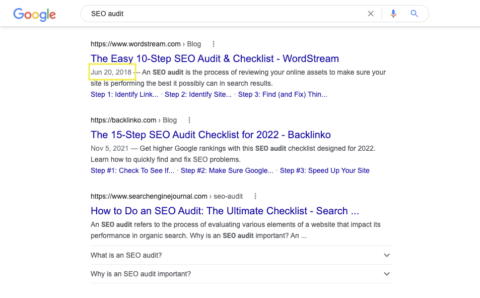 Screenshot mit dem Veröffentlichungsdatum von Wordstream 2018