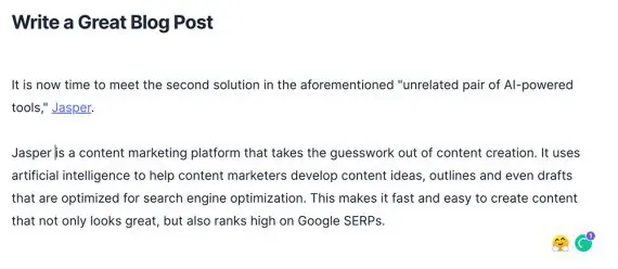 入力されたコマンドからのジャスパーの提案されたテキストのスクリーンショット Screenshot of Jasper's suggested text from an inputted command