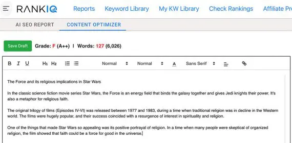 RankIQの評価ページのスクリーンショット Screenshot of RankIQ's grading page