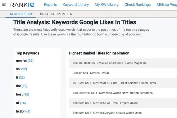 提案されたタイトルのRankIQのスクリーンショット。 Screenshot in RankIQ of suggested titles.