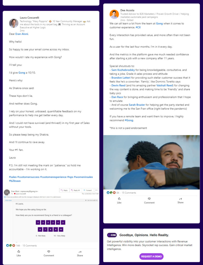 Screenshot della recensione positiva e del feedback dei clienti di Gongs pubblicati su LinkedIN