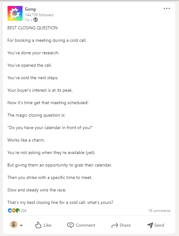 Screenshot del post LinkedIn di Gong
