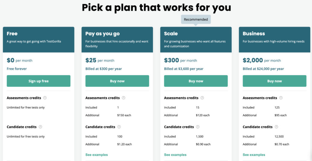 TestGorilla 가격 페이지의 스크린샷