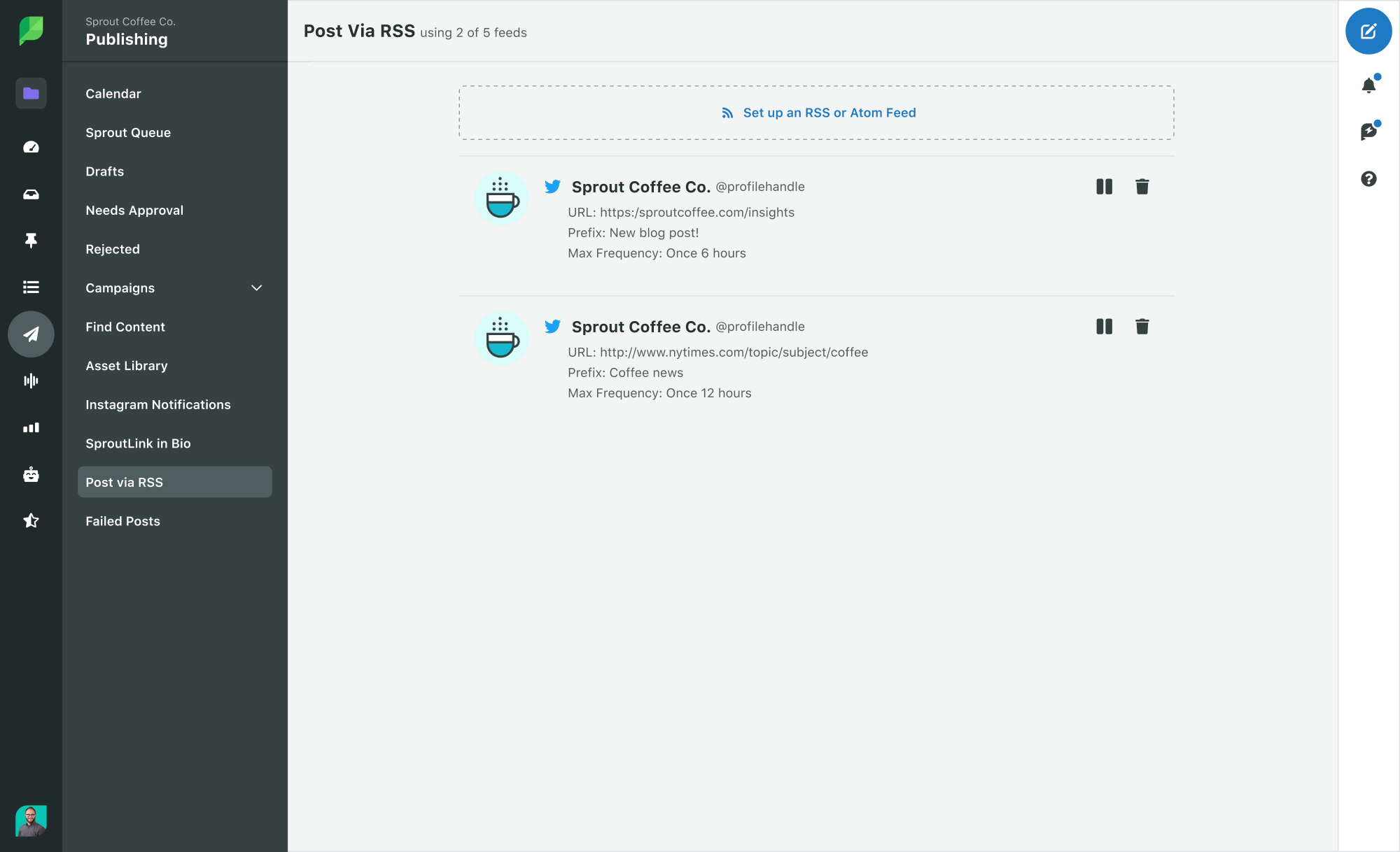 Une capture d'écran de l'onglet Publier via RSS dans Sprout Social, optimisé par Feedly.