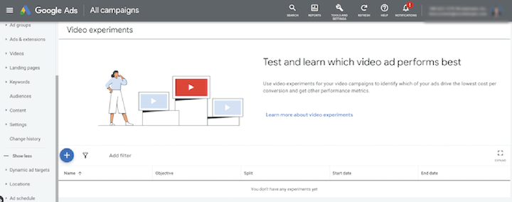 Pestaña de experimentos de Google Ads