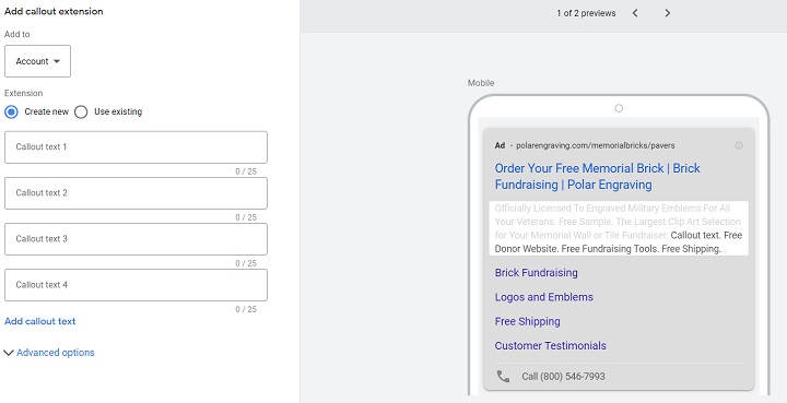 グーグル広告拡張機能-コールアウト拡張機能のセットアップスクリーンショット