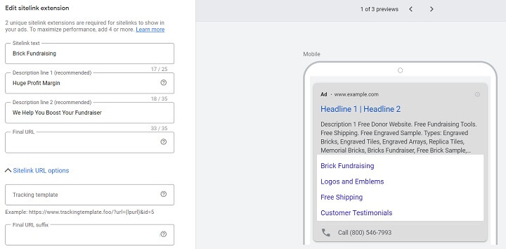 グーグル広告拡張機能-グーグル広告プラットフォームのサイトリンク拡張機能のスクリーンショット