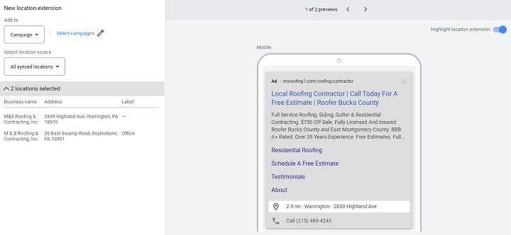 グーグル広告拡張機能-ロケーション拡張機能設定のスクリーンショット