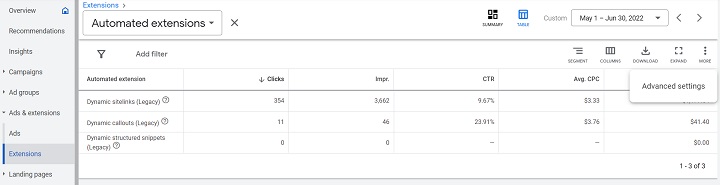 グーグル広告拡張機能-自動拡張機能の詳細設定をクリックする例