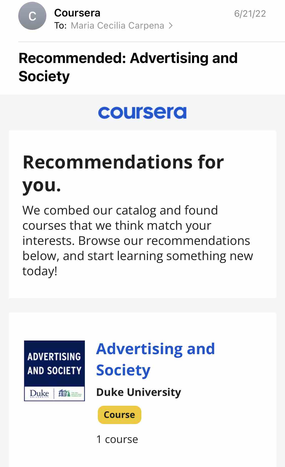 Coursera 電子郵件營銷示例