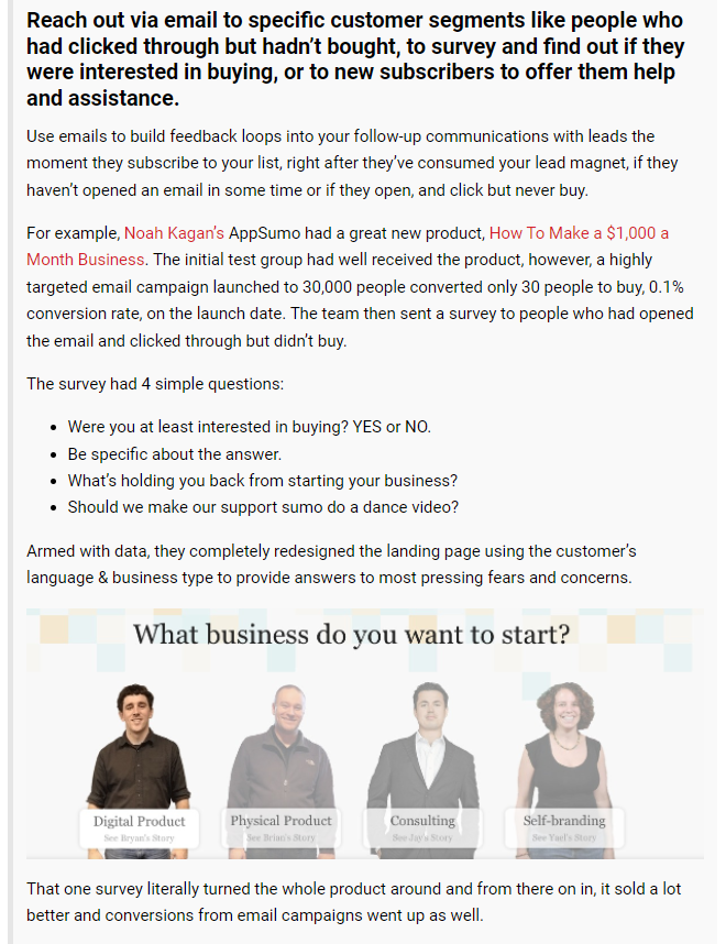 CXL Playbook Page 的屏幕截圖，它使用真實案例研究示例來幫助解釋客戶反饋循環