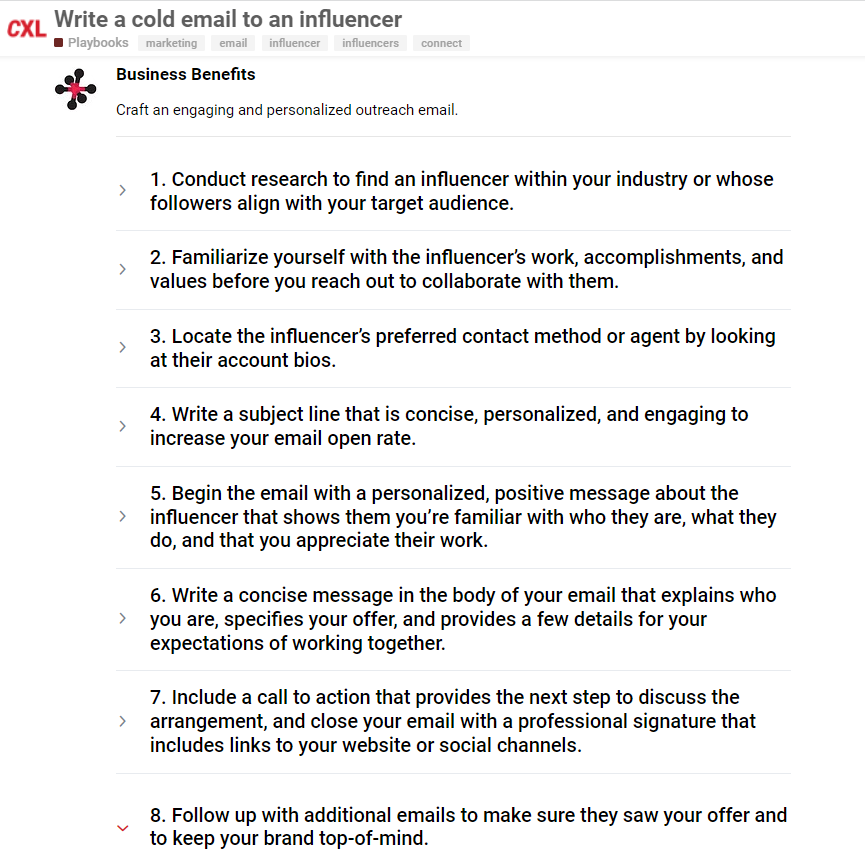 CXL Playbook 的屏幕截圖為帶有編號列表的某些任務提供了可操作的步驟