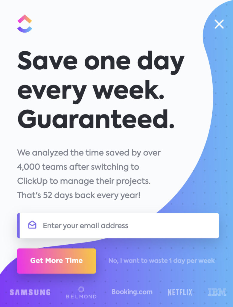 ClickUp CTA 的屏幕截圖具有令人信服的保證，可以在他們的網站上找到