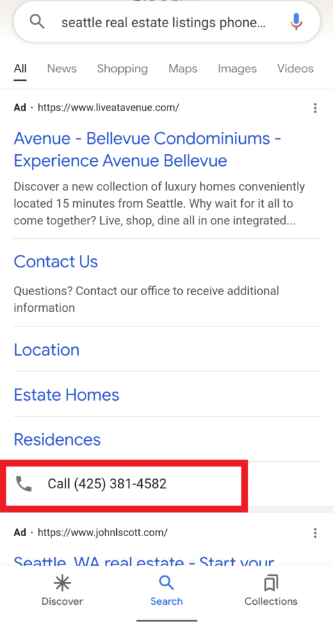 Ejemplo de extensión de llamada móvil en la búsqueda de Google.