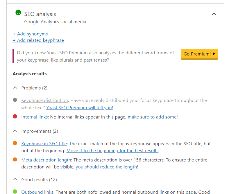 Résultats de l'analyse SEO de Yoast