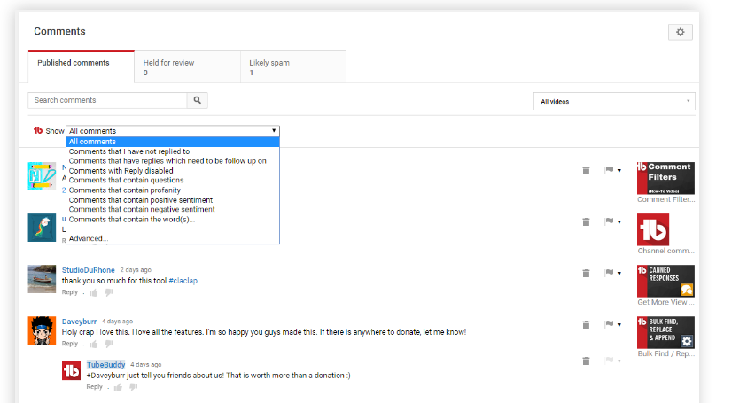 TubeBuddy 리뷰 - 댓글 필터 TubeBuddy Review- Comment Filter