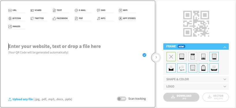 Interface do gerador de código QR