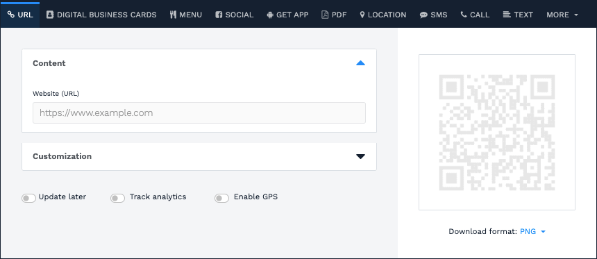 Interface do gerador de código QR Beaconstac