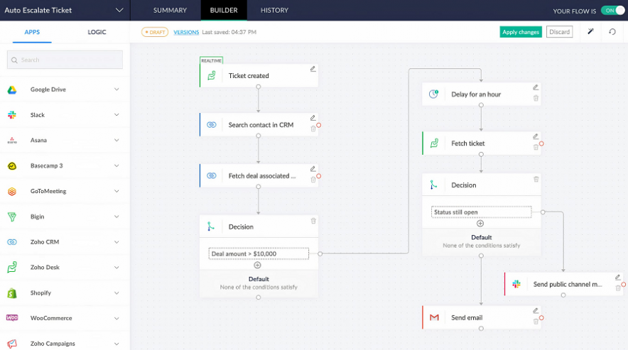criador de fluxo de trabalho de automação de fluxo zoho