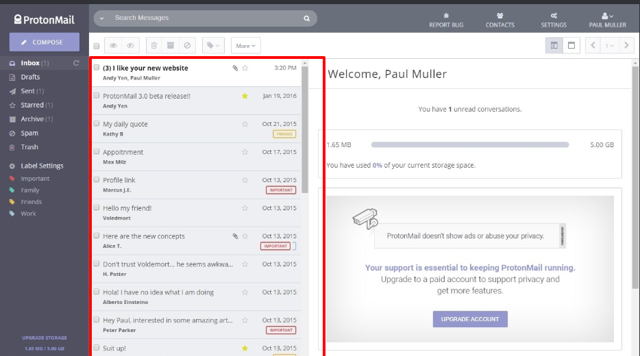 ProtonMail Review- Inbox