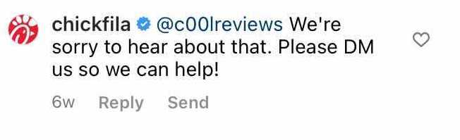 Chick-fil-A si scusa con un cliente e chiede loro di inviare un DM per ricevere aiuto