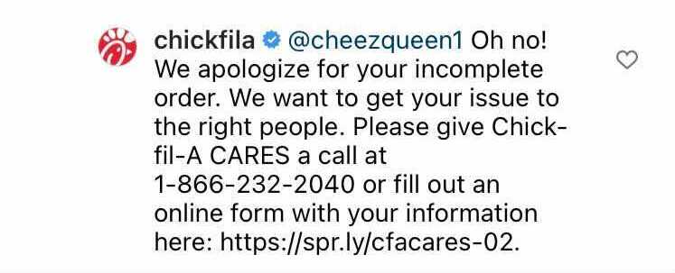 Chick-fil-A si scusa con un cliente e fornisce un numero di hotline e un modulo
