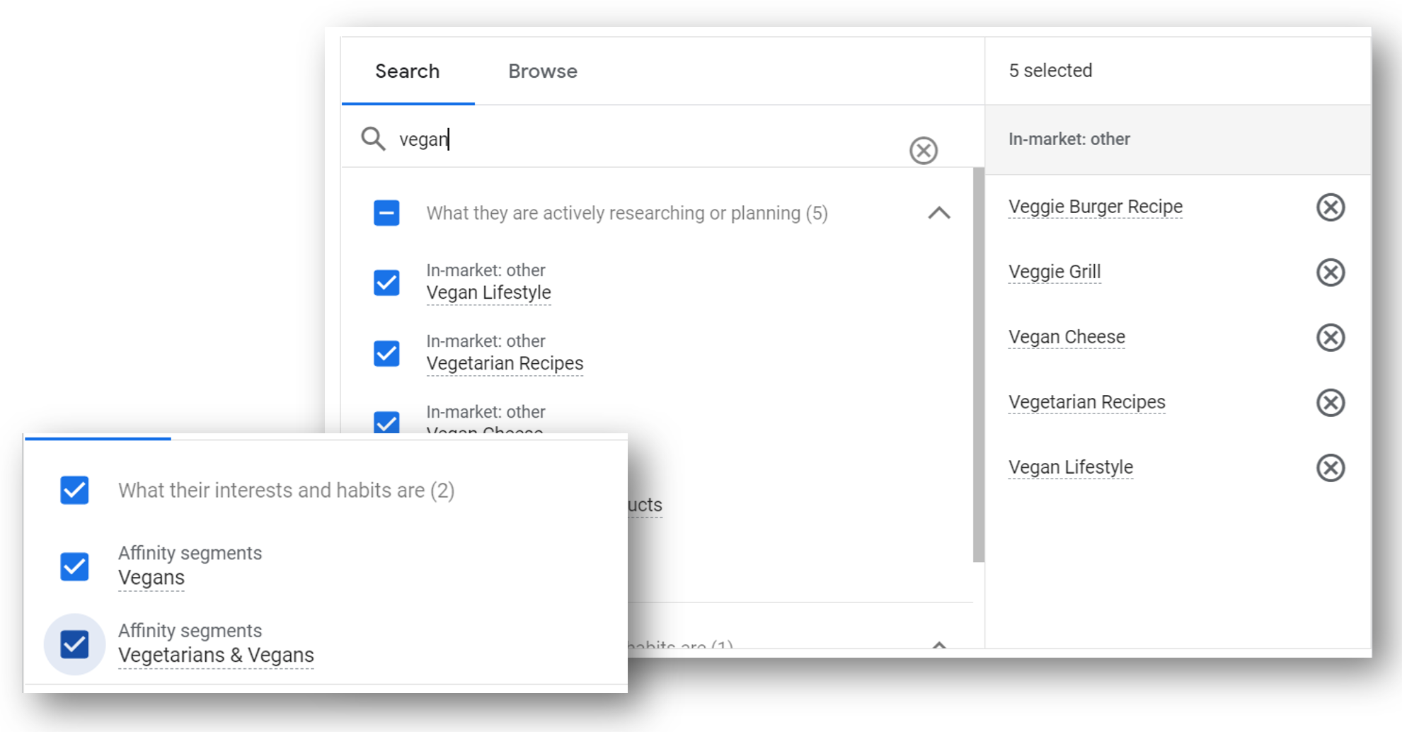 Interfaccia utente di Google Ads che mostra la selezione dei segmenti "vegani".
