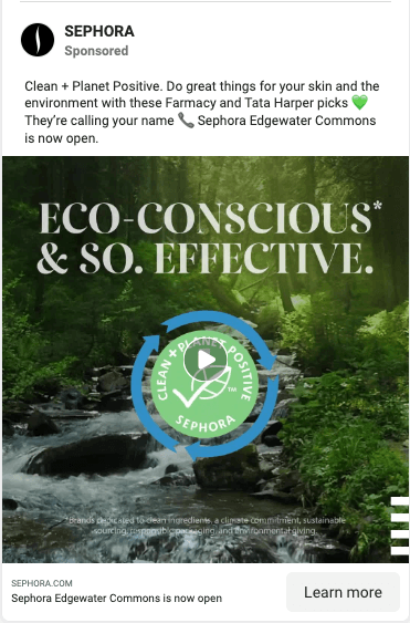 Anúncio da Sephora no Facebook promovendo seus produtos ecológicos para a pele