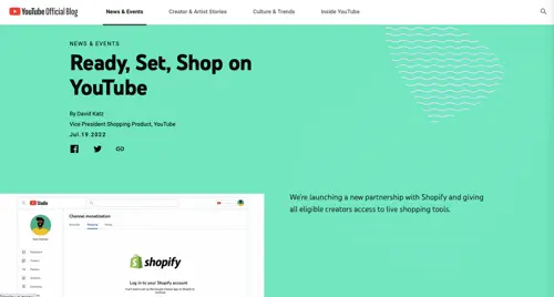 Captura de tela de um artigo do blog do YouTube, Ready, Set, Shop. Screenshot of a YouTube blog article, Ready, Set, Shop.