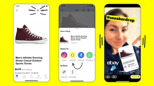 Captura de tela de um artigo da redação do Snapchat promovendo usando listagens do eBay. Screenshot of a Snapchat newsroom article promoting using eBay listings.