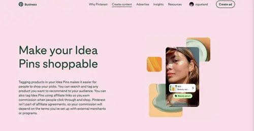 Captura de tela da página de negócios do Pinterest, Como ganhar dinheiro no Pinterest. Screenshot of Pinterest business page, How to Make Money on Pinterest.
