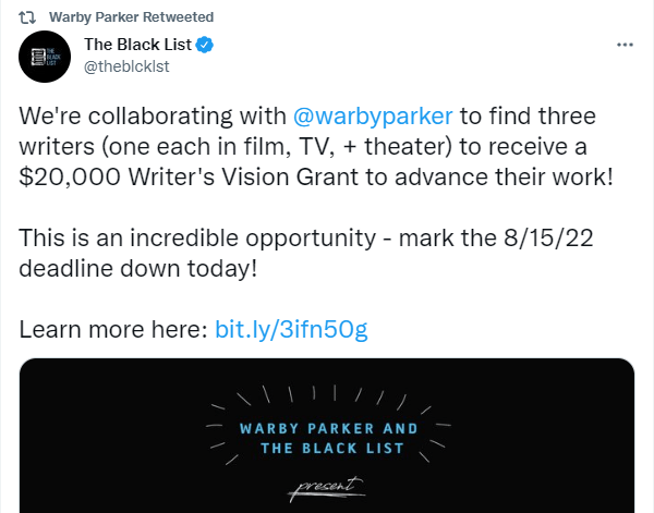 コンテストに関する Black List のツイートに対する Warby Parker のリツイート