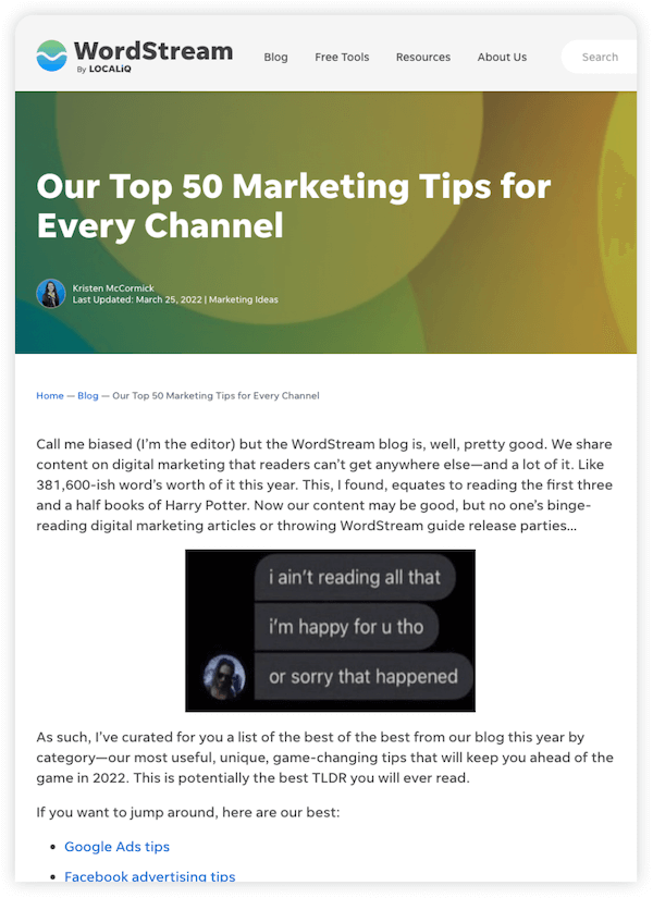 重新利用博客文章的想法 - wordstream 的示例