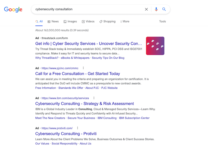 SERP para una búsqueda de palabras clave de consulta