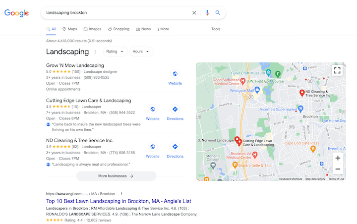 SERP para una búsqueda de intención comercial local
