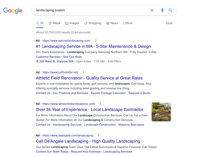 SERP de intención comercial local para "paisajismo boston"