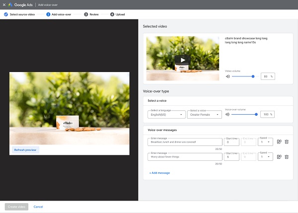 谷歌廣告更新 - 視頻廣告中文字轉語音平台中的示例