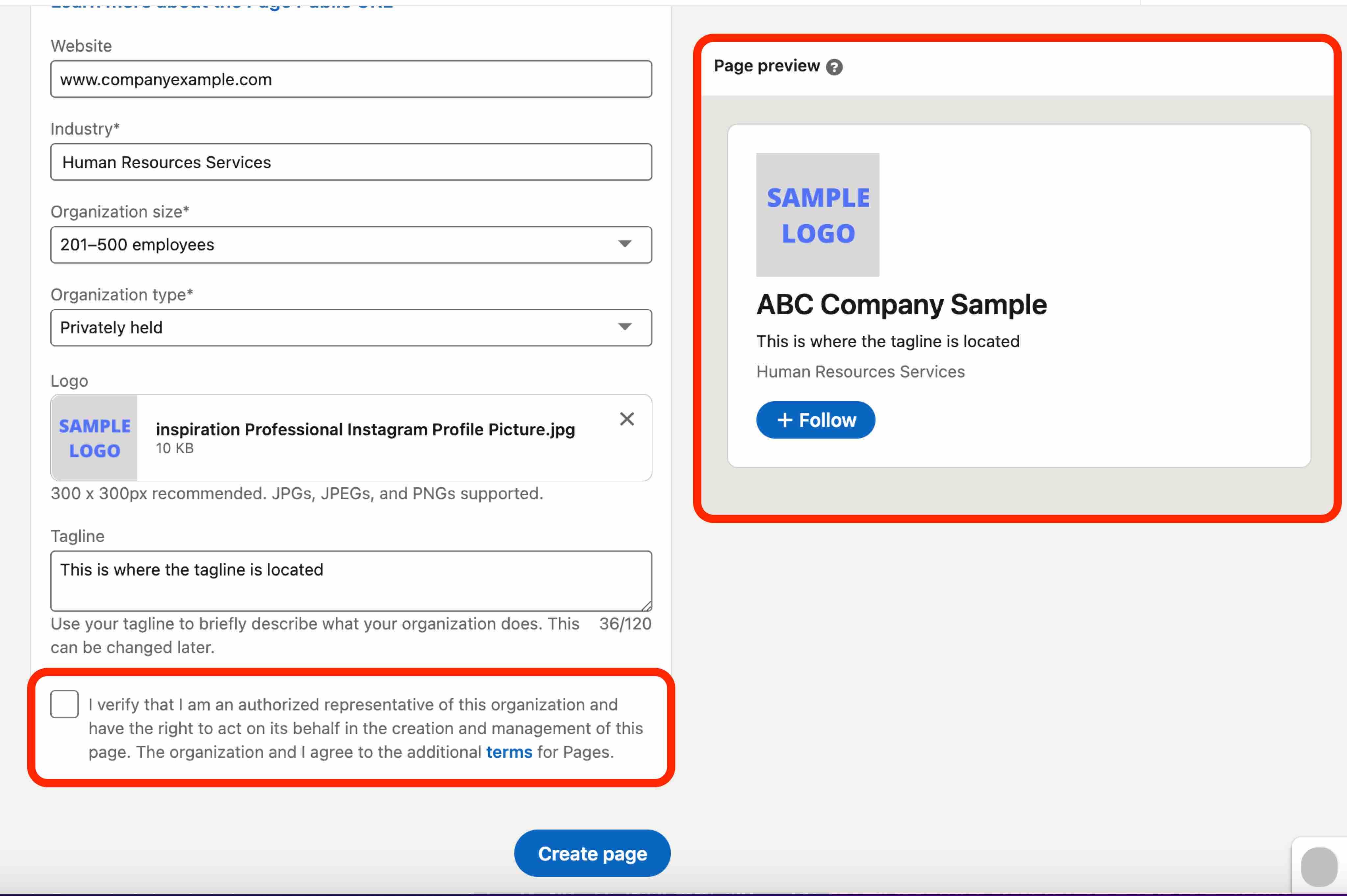 LinkedIn公司页面的预览和验证